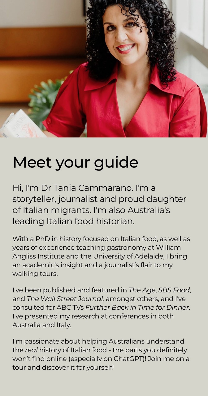 Dr Tania Cammarano, Italian food historian and walking tour guide