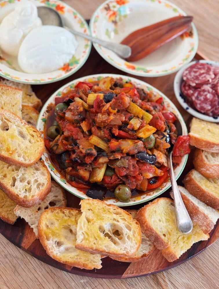 Caponata with burrata and toasted bread